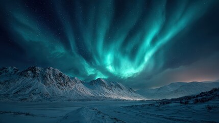 Fototapeta premium Aurora Borealis over Snow Mountains. Promoting travel, scientific documentation