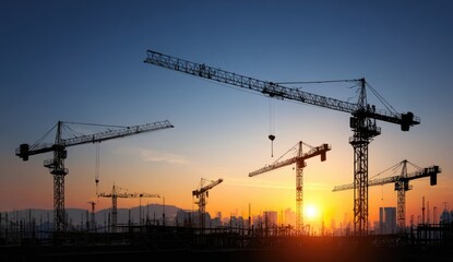 Silhouette cranes at sunset over construction site (3)