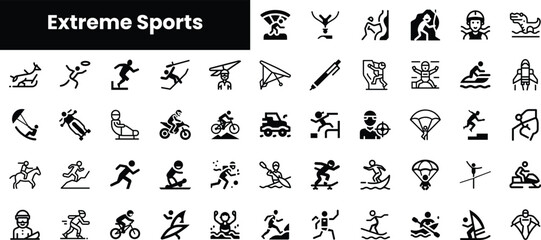 A diverse collection of extreme sports icons, featuring activities like surfing, snowboarding, and paragliding, in a bold, modern design.