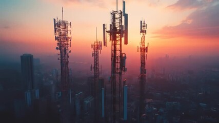 Cityscape Sunset Cellular Towers. - Powered by Adobe