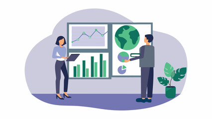 Two people presenting charts and graphs on a display board in an office setting with a plant nearby