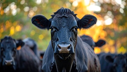 Portrait of a Curious Black Angus Cow with a Soft Focus Autumnal Background