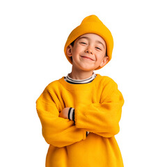 Happy child in yellow clothes, isolated