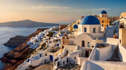 Sunset View of Santorini’s Whitewashed Buildings and Blue Domes in Greece