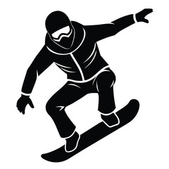 Black and white graphic illustration of a snowboarder in motion