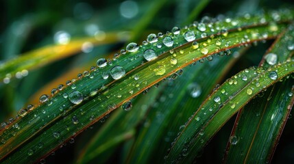 Naklejka premium Early morning light illuminates green leaves adorned with glistening dew drops. This serene moment showcases nature's beauty and tranquility in a lush environment.