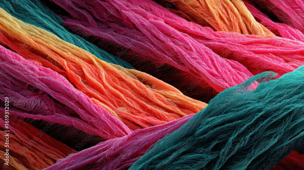 Poster intricate close-up view of abstract hair follicles and strands in vivid colors with an open area in 
