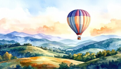Dreamy watercolor painting of a hot air balloon soaring over majestic mountains.