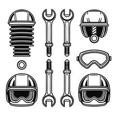 Black and white illustration of vintage motorcycle helmets wrenches and goggles