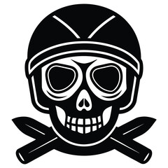 Black and white skull wearing a helmet with crossed swords