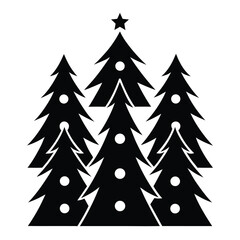 Black graphic illustration of a cluster of stylized Christmas trees with white circles and a star