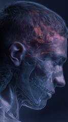 Fototapeta premium Side profile of a person with visibly inflamed forehead representing increased intracranial pressure due to vitamin A hypervitaminosis in a clinical environment.