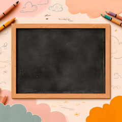 Empty chalkboard with crayons and clouds