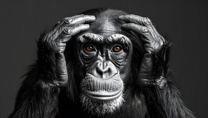 Portrait of thoughtful chimpanzee with a black and white tonal palette showcasing profound
