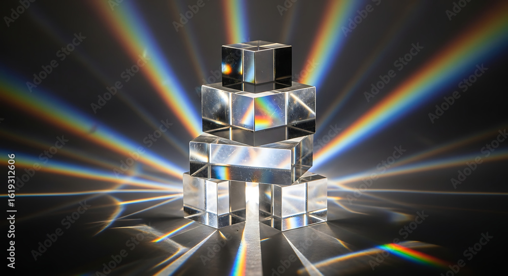 Aufkleber stacked glass cubes refract light creating rainbows on a dark background with reflections and shadow