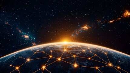 The captivating image shows the earth's curvature against a star-filled space, with glowing network connections across the planet reaching for the sunlit  horizon.