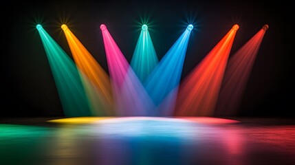 The image shows a dark stage with colorful spotlights illuminating a reflective surface in a mesmerizing display of light and shadow, creating a vibrant and theatrical ambiance.