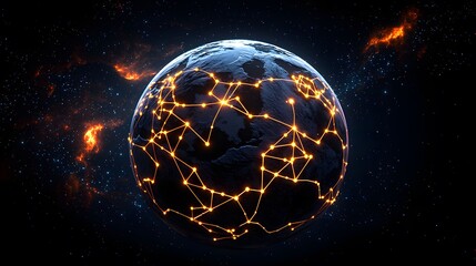 It showcases a dark planet with illuminated connected nodes resembling a network, set against a backdrop of stars and nebulae, evoking themes of global connection and cosmic perspective.