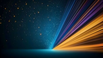 A digital artwork portrays a dark blue space filled with small bright stars and a concentrated burst of golden lines and ethereal glowing dust trails.
