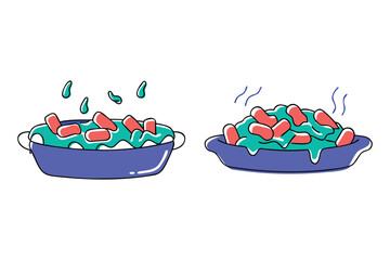 Cartoonstyle dishes of food, one with ingredients falling in and the other steaming, representing preparation and serving of a meal