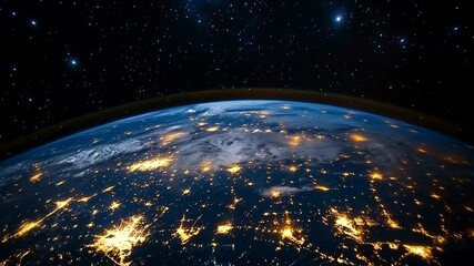 Night View of Planet Earth from Space: City Lights and Starry Sky