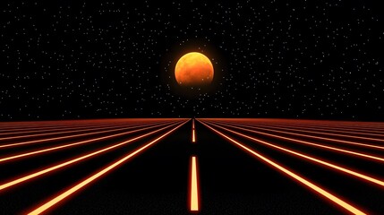 The image depicts a retro-futuristic landscape complete with vibrant orange grid lines leading towards a large, glowing planet set against a backdrop of twinkling stars.