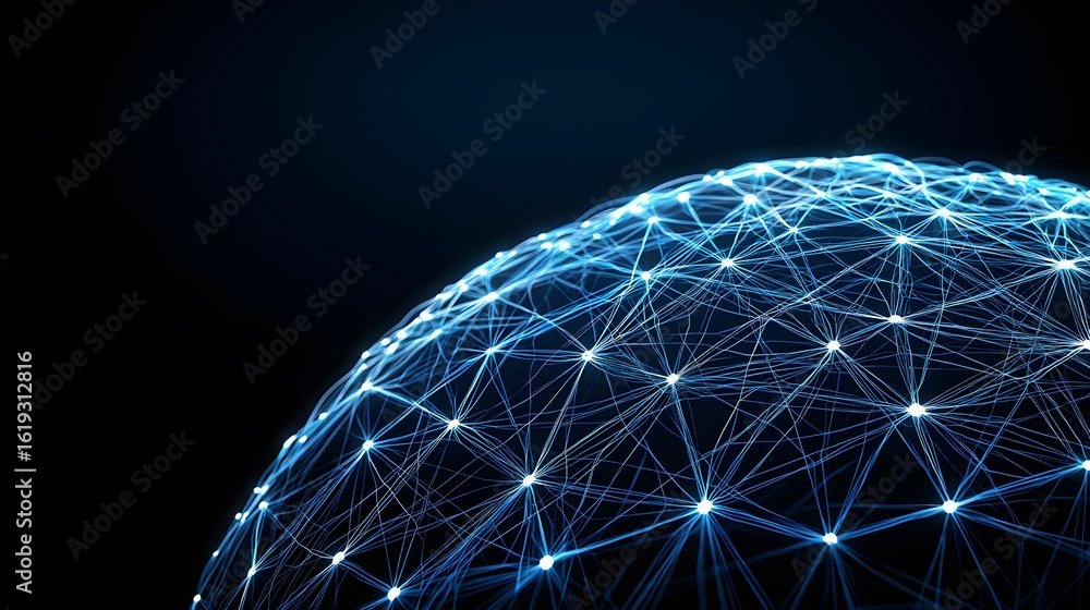 Poster a futuristic, digital globe glows with blue lines and points against a black background, resembling 