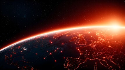 A dynamic image displays Earth from space, bathed in a fiery red glow, with interconnected lights representing global networks against a backdrop of stars.