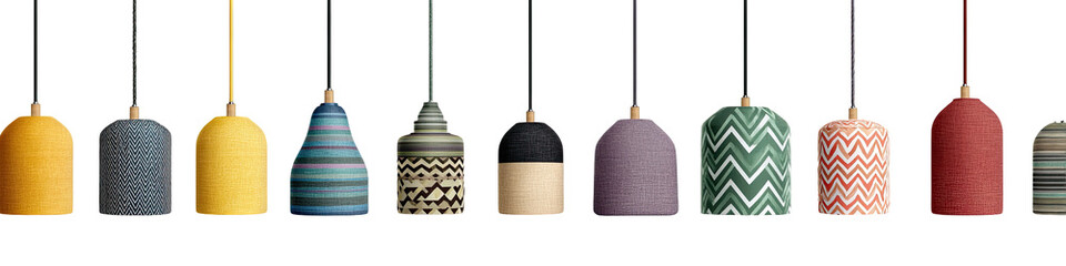 Row of decorative, hanging objects with various patterned designs