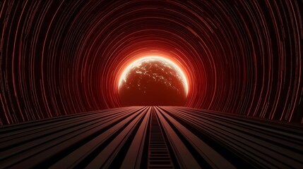 The image shows a surreal, tunnel-like perspective with a large, glowing planet at the end, illuminated by blurred, red light streaks and black strips leading toward the horizon.