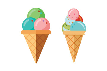Colorful ice cream cones with multiple scoops of different flavors, isolated on white background, perfect for summer treats and frozen desserts