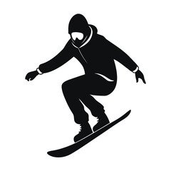 Black silhouette of a snowboarder in action snowboarding