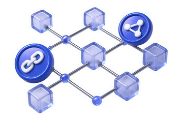 Abstract digital network with interconnected nodes and symbols representing links and data sharing.