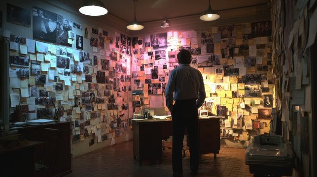 Wide shot of chaotic precinct workspace with crime scene photos notes pinned to walls and a detective deep in thought inspecting a witness report.