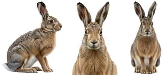 european brown hares, lepus europaeus, in a collection, side view, portrait and front view