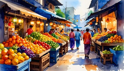 Obraz premium Colorful painting of a bustling fruit market with fresh and vibrant produce.