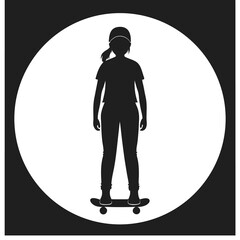 Black silhouette of a young person on a skateboard inside a white circle