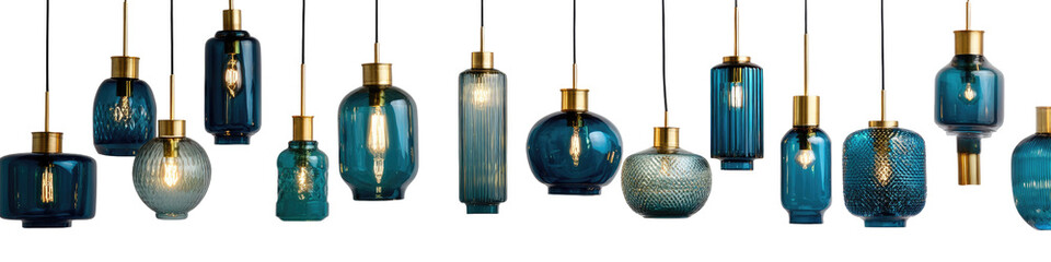 Teal-toned glass pendant lights, various shapes, gold accents