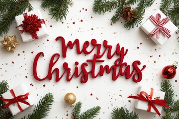 Red 'Merry Christmas' text surrounded by festive decorations, including gift boxes, ornaments, and pine branches on a white background.
