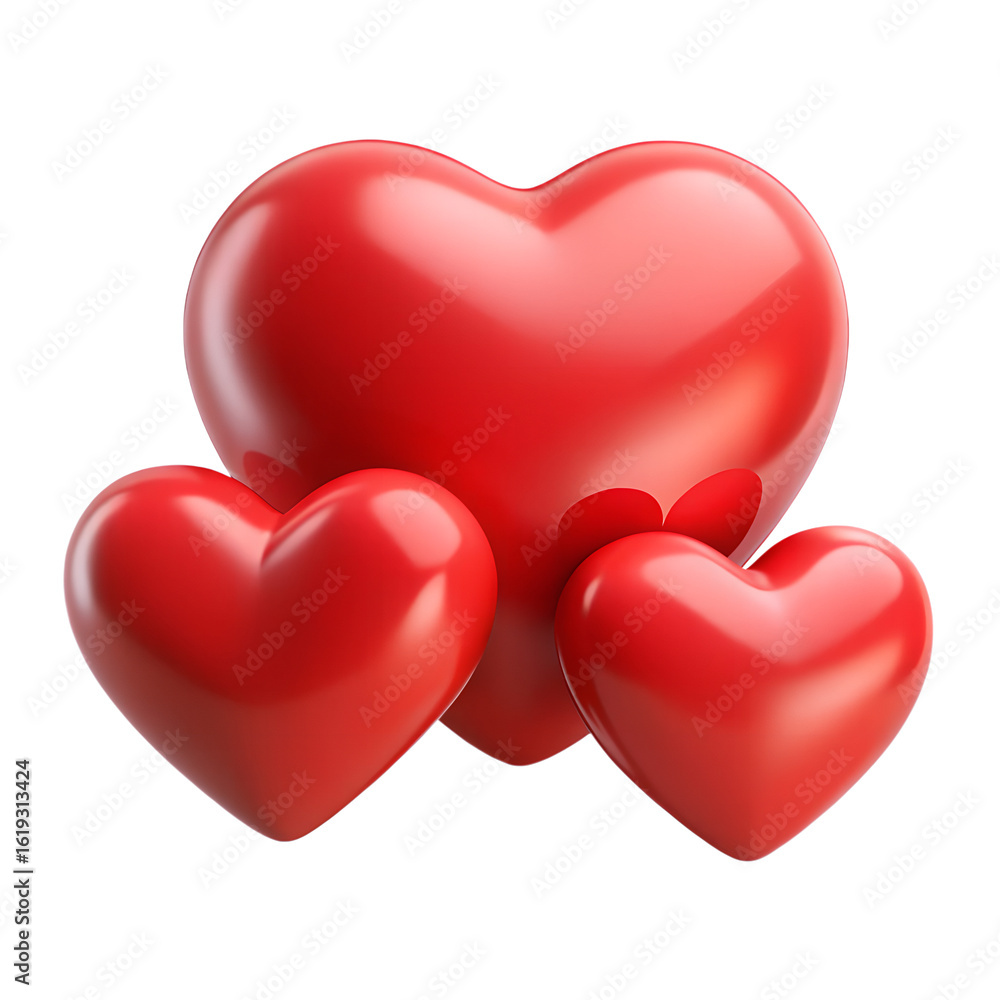 Poster three shiny red hearts of varying sizes are displayed together, symbolizing love and affection isola