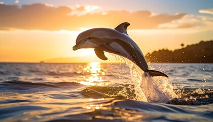 Fototapeta premium Dolphin leaping from ocean during sunset