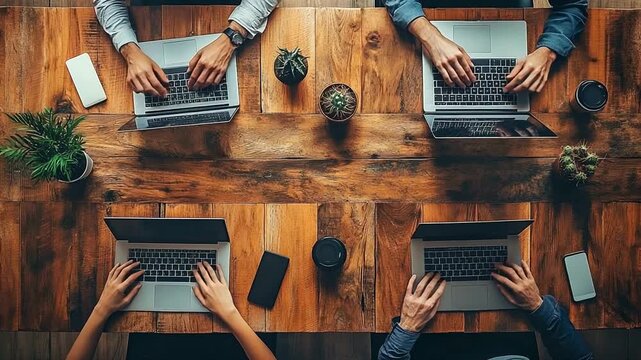 Overhead Shot of People Working on Laptops at Wooden Table Collaborative workspace