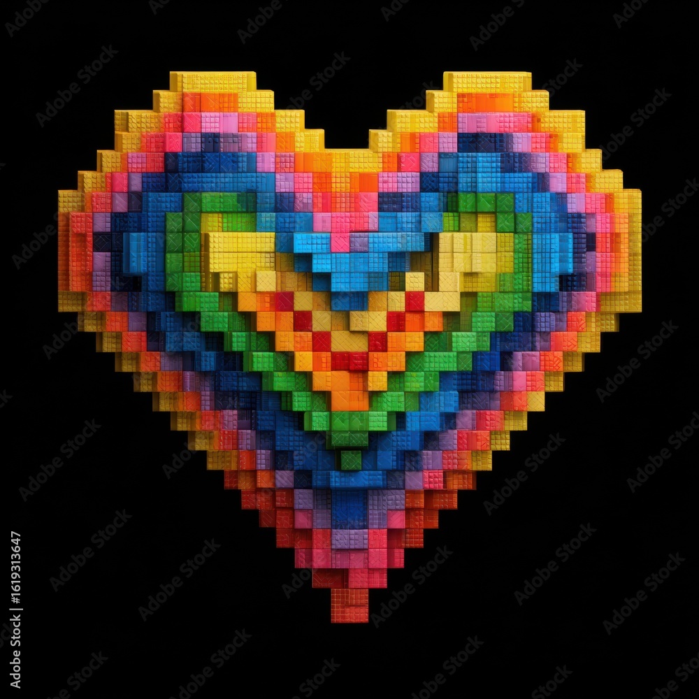 Poster a vibrant heart-shaped sculpture constructed from building blocks, featuring a rainbow array of colo