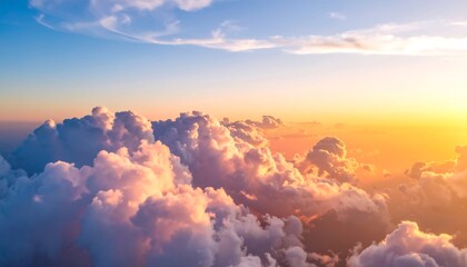 Radiant skyscape featuring fluffy cumulus clouds illuminated by golden sunlight