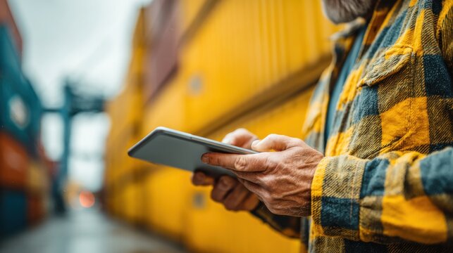 A worker stands among vibrant shipping containers at a port, focusing on a tablet. The atmosphere is industrial, with overcast skies and hints of rain. - Powered by Adobe