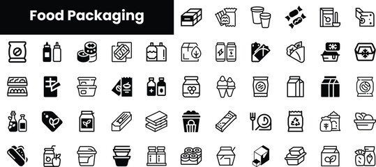 A collection of minimalist food packaging icons in black and white, showcasing various containers and labels, perfect for design projects and presentations.