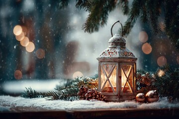 A vintage lantern emits a warm glow in a snowy landscape. Pine branches surround the lantern, creating a cozy winter atmosphere with soft falling snow.
