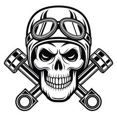Monochrome skull with goggles and crossed pistons black and white