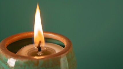 Handmade ceramic candle with a bright lit flame, featuring a smooth texture and artisanal design, set against a vivid green background. The glowing flame emits a warm light, highlighting the craftsman