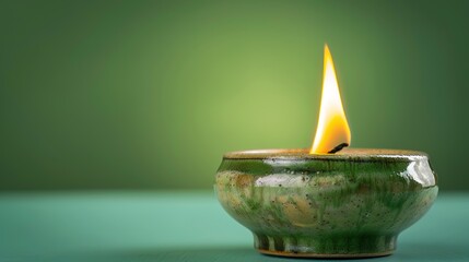 Handmade ceramic candle with a bright lit flame, featuring a smooth texture and artisanal design, set against a vivid green background. The glowing flame emits a warm light, highlighting the craftsman